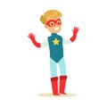 Boy Pretending To Have Super Powers Dressed In Blue Superhero Costume With Star And Mask Smiling Character Royalty Free Stock Photo