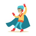 Boy Pretending To Have Super Powers Dressed In Handmade Superhero Costume With Blue Cape Smiling Character Royalty Free Stock Photo