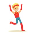 Boy Pretending To Have Super Powers Dressed In Red Superhero Costume With Headband With Star Smiling Character Royalty Free Stock Photo