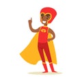 Boy Pretending To Have Super Powers Dressed In Red Superhero Costume With Yellow Cape And Helmet Smiling Character Royalty Free Stock Photo