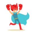 Boy Pretending To Have Super Powers Dressed In Superhero Costume With Blue Cape And Giant Fists Smiling Character Royalty Free Stock Photo