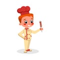 Boy Professional Chef Character with Kebab Skewer, Cute Kid in Uniform and Hat Cooking Tasty Dish Cartoon Style Vector