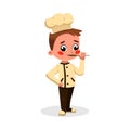 Boy Professional Chef Character Trying Food with Spoon, Cute Kid in Uniform and Hat Cooking Tasty Dish Cartoon Style