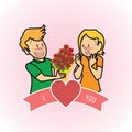 boy proposing girl with flowers. Vector illustration decorative design