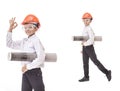 Boy in a protective helmet and goggles with a construction Royalty Free Stock Photo