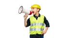 boy in protective helmet talking to megaphone Royalty Free Stock Photo