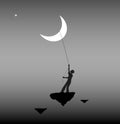 Boy pulling the moon, life on the flying rock, wonderland, dream,