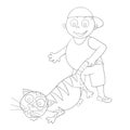 Boy pulls the cat by the tail. Hooligan. Bad behavior isolated on white background. Vector illustration Royalty Free Stock Photo