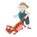 Boy pulls the cat by the tail. Hooligan. Bad behavior isolated on white background. Vector illustration Royalty Free Stock Photo