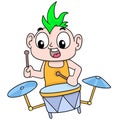 Boy punk playing cool stylish drum music. doodle icon image kawaii