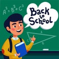 Boy pupil in front of blackboard. Happy child holding book and speech bubble with back to school text. Flat style vector Royalty Free Stock Photo