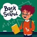 Boy pupil in front of blackboard. Happy child holding book and speech bubble with back to school text. Flat style vector Royalty Free Stock Photo