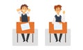 Boy Pupil or Student Sitting at Desk Having School Lesson Front View Vector Set