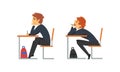 Boy Pupil or Student Sitting at Desk Having School Lesson Side View Vector Set