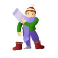 Boy puts on boots and scarf, winter clothes Royalty Free Stock Photo