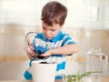 Boy puts plant in pot