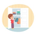 Boy putting clothes neatly into wardrobe, helping with housework. Kid helps to clean bedroom vector illustration. Neat