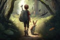 Boy with a rabbit ear and tail, carrying a backpack and walking along a path in a forest filled with talking animals illustration