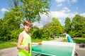 Boy with racket ready to serve table tennis ball Royalty Free Stock Photo