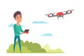 Boy with radio controller and drone quadcopter flat vector illustration