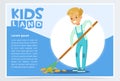 Boy raking fall leaves in garden, eco concept, kids land banner flat vector Royalty Free Stock Photo