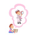 Boy Reading Book about Detective with Magnifying Glass, Kids Imagination Concept, Fairy Tales, Stories, Discoveries