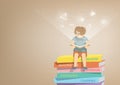 Boy reading a book on a pile of books, brown background and icon Royalty Free Stock Photo