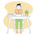 Boy reading a book sitting at a desk. Smiling boy doing homework. Line art