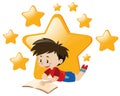 Boy reading book with stars background