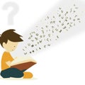 Boy reading book with text flying out question vector graphic