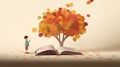 A boy reading a book under an autumn tree in a 2D illustration. The artwork represents the concepts of education, imagination,