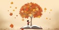 A boy reading a book under an autumn tree in a 2D illustration. The artwork represents the concepts of education, imagination,