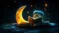 a whimsical illustration of a boy reading a book under a crescent moon amidst a starry night, evoking a sense of wonder and imagin Royalty Free Stock Photo