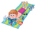 Boy Reading Comic Book On Beach Towel