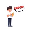 Boy reading comic book with kaboom text bubble illustration vector Royalty Free Stock Photo