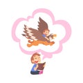 Boy Reading Fairy Tail Fantasy Book about Griffin, Kids Imagination Concept, Fairy Tales, Stories, Discoveries Cartoon Royalty Free Stock Photo