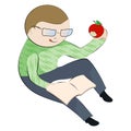 Boy reading his book and eating apple