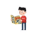 Boy Reading Superhero Comic Book with Angry Expression Vector Illustration Royalty Free Stock Photo