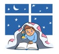 Boy reading under blanket flat vector illustration Royalty Free Stock Photo