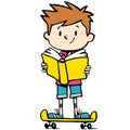 Boy reads a book and rides a skateboard