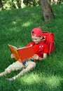 Boy reads the textbook sitting on