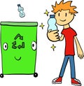 Boy recycles a plastic bottle