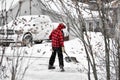 Boy, Red Buffalo Plaid Coat, Shoveling Driveway