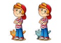 Boy in a red cap and striped t-shirt with his cat Royalty Free Stock Photo