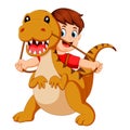 The boy with the red cloth using the Tyrannosaurus Rex costume and pull the rope