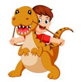 The boy with the red cloth using the Tyrannosaurus Rex costume and pull the rope Royalty Free Stock Photo