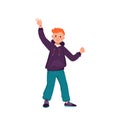 A boy with red curly hair in a jacket, jeans and sneakers smiles. Happy child is dancing. Teenager with a face in casual