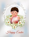 Boy with red Easter egg, frame and spring flowers Royalty Free Stock Photo