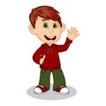 Boy with red jacket and green trousers waving his hand cartoon Royalty Free Stock Photo