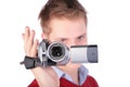 Boy in red jacket with HDV camera Royalty Free Stock Photo